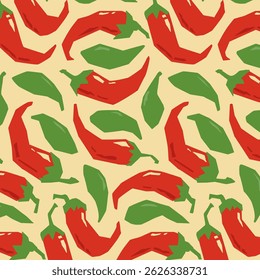 Chili peppers seamless pattern. Abstract spicy hot cayenne seasoning repeating print of paprika cut out style, organic nature shapes for wrapping paper textile. Vector print.