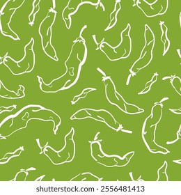 Chili Peppers Seamless Pattern. Chilli Peppers on Green Background. Hand Drawn Ornament. 