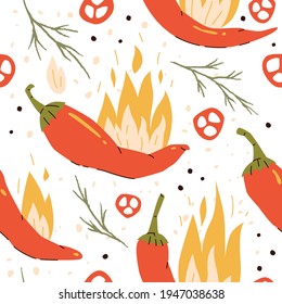 Chili peppers seamless pattern with peppers, flames, dill, and pepper cuts. Vector repeatable design. Spicy food concept.