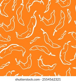 Chili Peppers Seamless Pattern. Hot Chilli Peppers on Orange Background. Hand Drawn Ornament. 