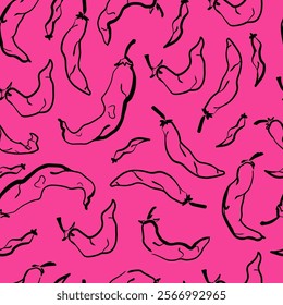 Chili Peppers Seamless Pattern. Hot Chilli Peppers on Red Background. Hand Drawn Ornament. 