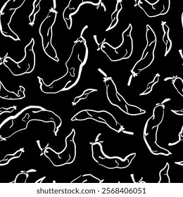 Chili Peppers Seamless Pattern. Hot Chilli Peppers on Black Background. Hand Drawn Ornament. 