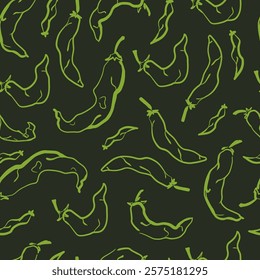 Chili Peppers Seamless Pattern. Hot Chilli Peppers on Green Background. Hand Drawn Ornament. 