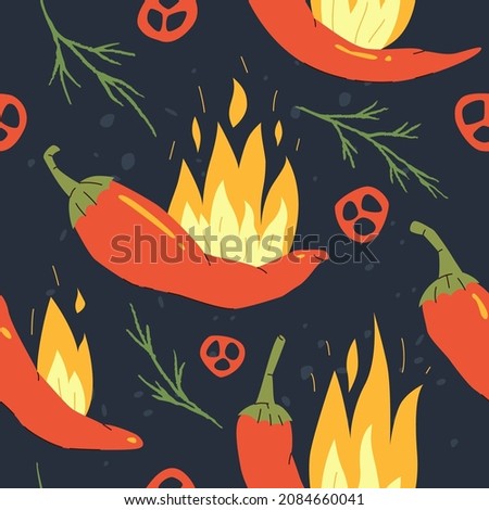 Chili peppers seamless pattern isolated on dark blue background. Vector repeatable illustration. Trendy textile design.