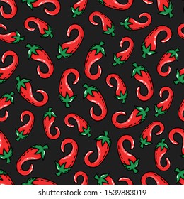 Chili peppers seamless pattern. On a black background. Wallpaper.