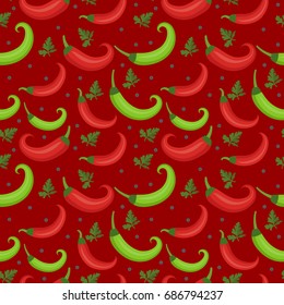 Chili peppers seamless pattern. Pepper red and green endless background, texture. Vegetable background. Vector illustration