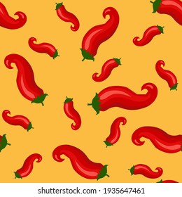 Pimientos de chile sin fisuras. Pimienta caliente roja en un fondo amarillo. Especias orgánicas mexicanas y asiáticas.  Ilustración vectorial para textiles, banners, papel de envoltura, diseño.  