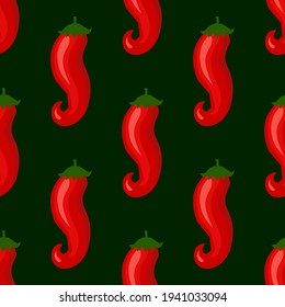 Chili peppers seamless pattern. Red hot pepper on a green background. Organic spices mexican and asian dishes. Vector illustration for textiles, banners, wrapping paper, design.