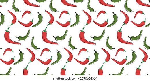 Chili peppers seamless pattern in red and green colors. Hot peppers. Suitable for wallpapers, web page backgrounds, surface textures, textiles.