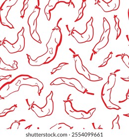 Chili Peppers Seamless Pattern. Red Hot Chilli Peppers on White Background. Hand Drawn Ornament. 
