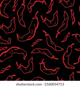 Chili Peppers Seamless Pattern. Red Hot Chilli Peppers on Black Background. Hand Drawn Ornament. 