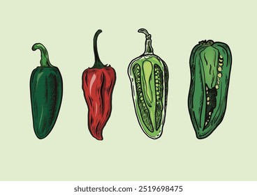 Chili peppers set .Hand drawn sketch style. Vintage vector illustration. Isolated.