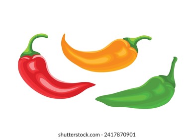 Chilischoten-Set. Vektorgelbe, rote und grüne Chilischoten einzeln auf Weiß.  Cartoon flache Illustration von scharfen Gewürzen.