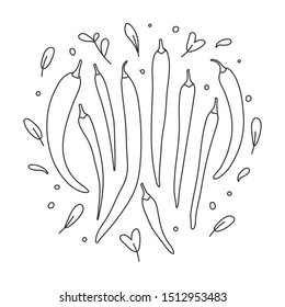 chili peppers. Vector black and white illustration of hot peppers isolated on white background. Spice vegetable, cooking ingredient made as collection of modern hand drawn icons in outline style.