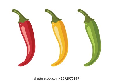 Chili Peppers Vector Set, Isolated. Red, Yellow, Green Hot Peppers, Spicy Food Ingredients, Mexican Cuisine, Fresh Organic Vegetables. Vector Illustration for Food Design