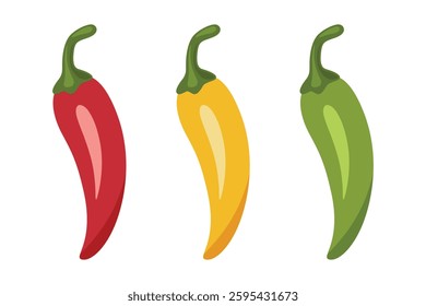 Chili Peppers Vector Set, Isolated. Red, Yellow, Green Hot Peppers, Spicy Food Ingredients, Mexican Cuisine, Fresh Organic Vegetables. Vector Illustration for Food Design