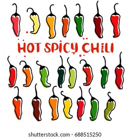 Chili peppers vegetable set. Hand drawn sketch doodle vector illustration. Outline. Isolated. Cartoon illustration for market, cafe, menu, shop, design greeting cards, poster, package. Healthy food