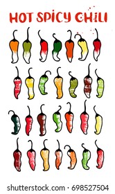 Chili peppers vegetable set. Hand drawn sketch doodle vector illustration. Outline. Isolated. Cartoon illustration for market, cafe, menu, shop, design greeting cards, poster, package. Healthy food