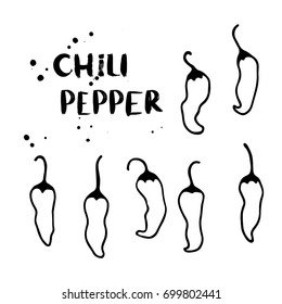 Chili peppers vegetable set. Hand drawn sketch doodle vector illustration. Outline. Isolated. Cartoon illustration for market, cafe, menu, shop, design greeting cards, poster, package. Healthy food