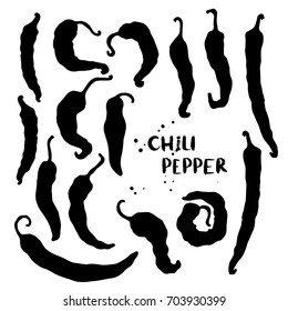 Chili peppers vegetable set. Hand drawn sketch doodle vector illustration. Silhouette. Isolated. Cartoon illustration for market, cafe, menu, design greeting cards, poster, package. Healthy food