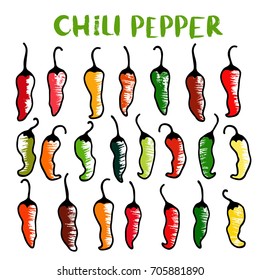 Chili peppers vegetable set. Hand drawn sketch doodle vector illustration. Outline. Isolated. Cartoon illustration for market, cafe, menu, shop, design greeting cards, poster, package. Healthy food