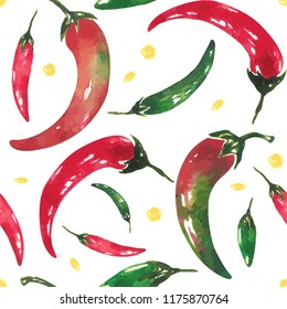 Chili Peppers In Water Color Style Seamless Pattern.