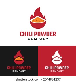 Chili Powder in a Bowl with Flaming Flat Logo Design. a spice blend made from ground dried chiles and a number of other spices.