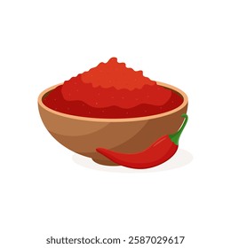 Chili powder spice in wooden bowl. Hot spices. Vector set illustration