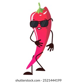 Chilli Red pimenta personagem com vidro solar e emoção legal. Pimenta picante quente. Vegetal de mascote fresco isolado no branco. Elemento vetorial para impressão ou Web