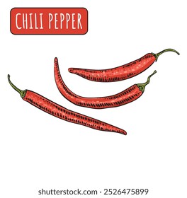 Chili red pepper Drawing with Black Outline. Spicy capsaicin dish. Vector illustration of vegetable.