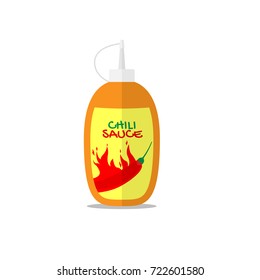 Chili sauce bottle flat design isolated on white background.