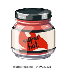 Chili sauce in cartoon glass bottle with Super Hot text and fire on label. Round transparent cartoon jar with black screw cap and red spicy tomato sauce for barbecue fast food vector illustration