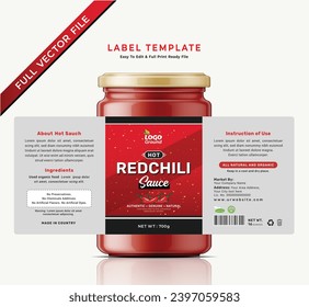 Chili Sauce Etikett Flasche Glas-Aufkleber Banner rote heiße und scharfe Ketschup Verpackung Design.