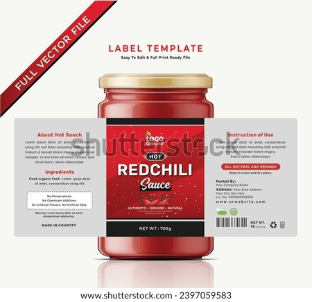 Chili sauce label bottle jar food sticker banner red hot and spicy ketchup packaging design.
