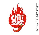 Chili sauce lettering sketch. Hand drawn text with silhouette of fire. Illustration red hot pepper. Spicy ingredient in dishes. Vector file.