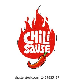 Chili sauce lettering sketch. Hand drawn text with silhouette of fire. Illustration red hot pepper. Spicy ingredient in dishes. Vector file.