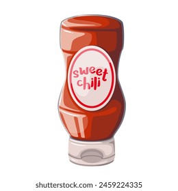 Chili sauce in plastic bottle, cartoon package with Sweet chili text on label. Red packaging with lid to squeeze out ketchup or hot sriracha condiment, cartoon spicy tomato catchup vector illustration