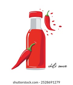 Salsa de chile en botella de plástico, empaquetado dulce del chile de la historieta con la tapa del apretón para el condimento de la salsa de tomate o de Sriracha, Ilustración vectorial