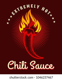 Chili Sauce Poster. Burning Hot Pepper Background, Fire Salsa Spicy Sauce Label