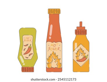 Conjunto de salsa de chile. Aditivos calientes y especias para cocinar. Receta e ingrediente. Cocina tradicional mexicana. Botellas con chile. Ilustración vectorial lineal aislada sobre fondo blanco