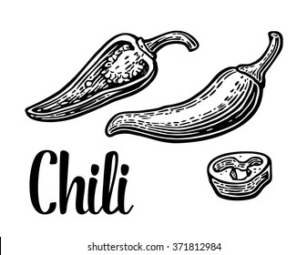 Chili and slice pepper. Engraving vintage vector black illustration. Isolated on white background. Hand drawn design element for label and poster