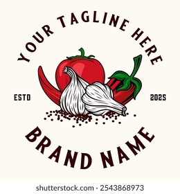 chili e spice logo design. chili de tomate e elemento de alho para restaurante, indústria de molhos e produtos alimentares