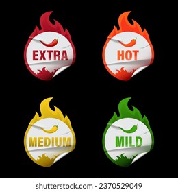 Chili spicy level stickers, extra, hot, medium, mild. Realistic sticker design