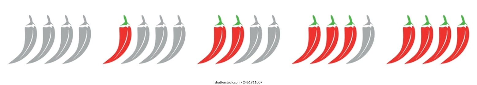 Chili spicy meter, product spicy degree symbols. chili pepper red icons. Paprika hot meter sign for label of product. Vector spicy food mild and extra hot sauce.