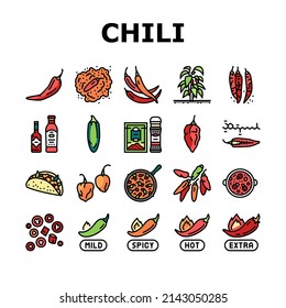 Chili Spicy Natural Vegetable Icons Set Vector. Habanero And Cayenne, Capsaicin And Jalapeno Chili Pepper Bio Product Harvesting In Garden. Sauce And Mexican Food Color Illustrations