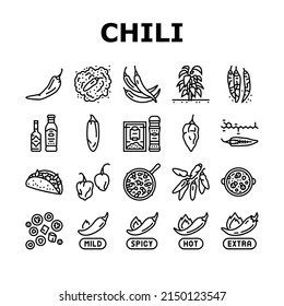 Chili Spicy Natural Vegetable Icons Set Vector. Habanero And Cayenne, Capsaicin And Jalapeno Chili Pepper Bio Product Harvesting In Garden. Sauce And Mexican Food Black Contour Illustrations