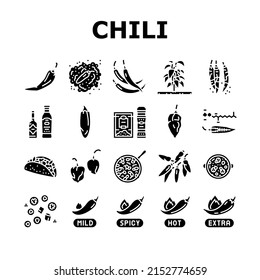 Chili Spicy Natural Vegetable Icons Set Vector. Habanero And Cayenne, Capsaicin And Jalapeno Chili Pepper Bio Product Harvesting In Garden. Sauce And Mexican Food Glyph Pictograms Black Illustrations