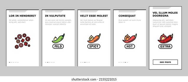 Chili scharfe natürliche Gemüse Onboarding Mobile App Page Screen Vector. Habanero und Cayenne, Capsaicin und Jalapeno Chili Pepper Bio-Produkt Ernte im Garten. Illustrationen zum Thema Sauce und mexikanisches Essen