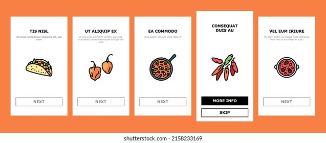 Chili Spicy Natural Vegetable Onboarding Mobile App Page Screen Vector. Habanero And Cayenne, Capsaicin And Jalapeno Chili Pepper Bio Product Harvesting In Garden. Sauce And Mexican Food Illustrations