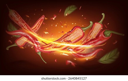 Chili splashing elements ads isolated on solid color background, Vector realistic in 3D illustration.